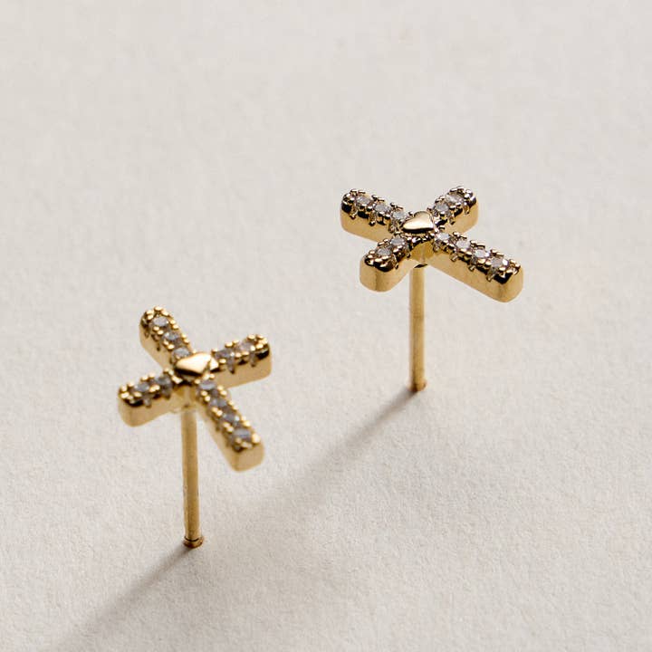 Gold Filled Cross Stud Earrings with Cubic Zirconia for wholesale by Frem