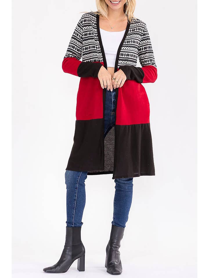 BLACK RED SNOW FLAKE PRINT CONTRAST COLORBLOCK OPEN CARDIGAN for wholesale on Faire4