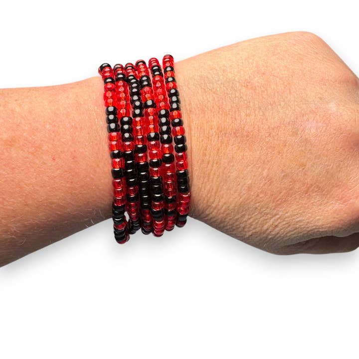 Red and Black Game Day Seed Bead Bracelet Stack for wholesale by Fish Towne Designs, LLC