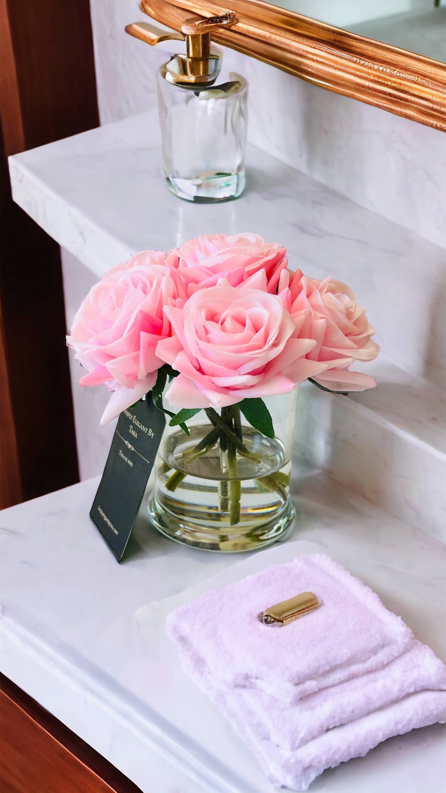 Simply Elegant By Tara - Wholesale Artificial Flowers - Pink Rose Floral Arrangement | Real Touch Roses Faux Water1