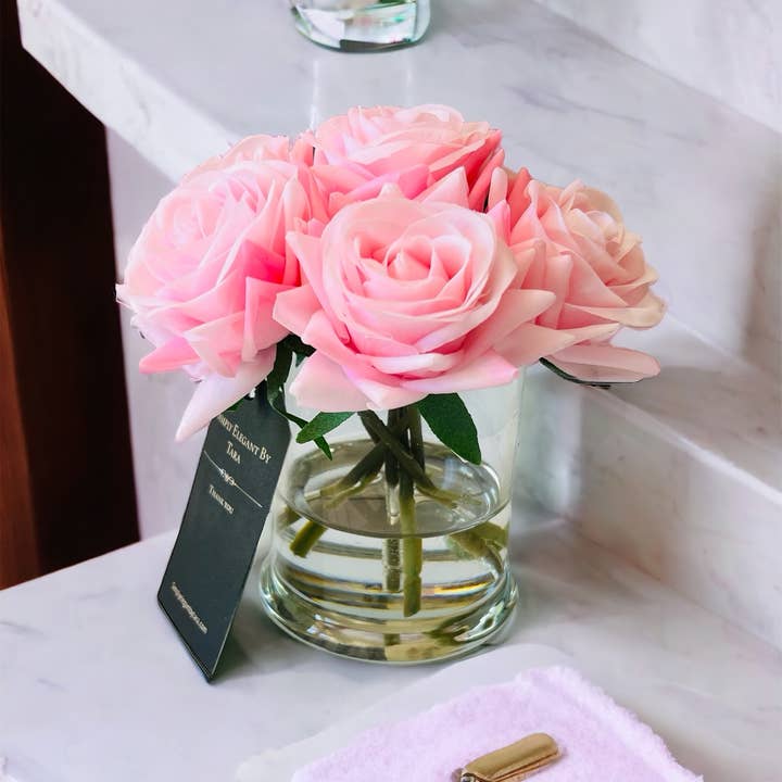 Simply Elegant By Tara - Wholesale Artificial Flowers - Pink Rose Floral Arrangement | Real Touch Roses Faux Water1