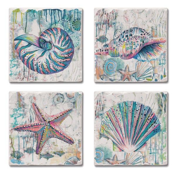 Lot de 4 sous-verres à carreaux avec images assorties Jewels of the Sea pour la vente par CounterArt/Highland Home/Thirstystone