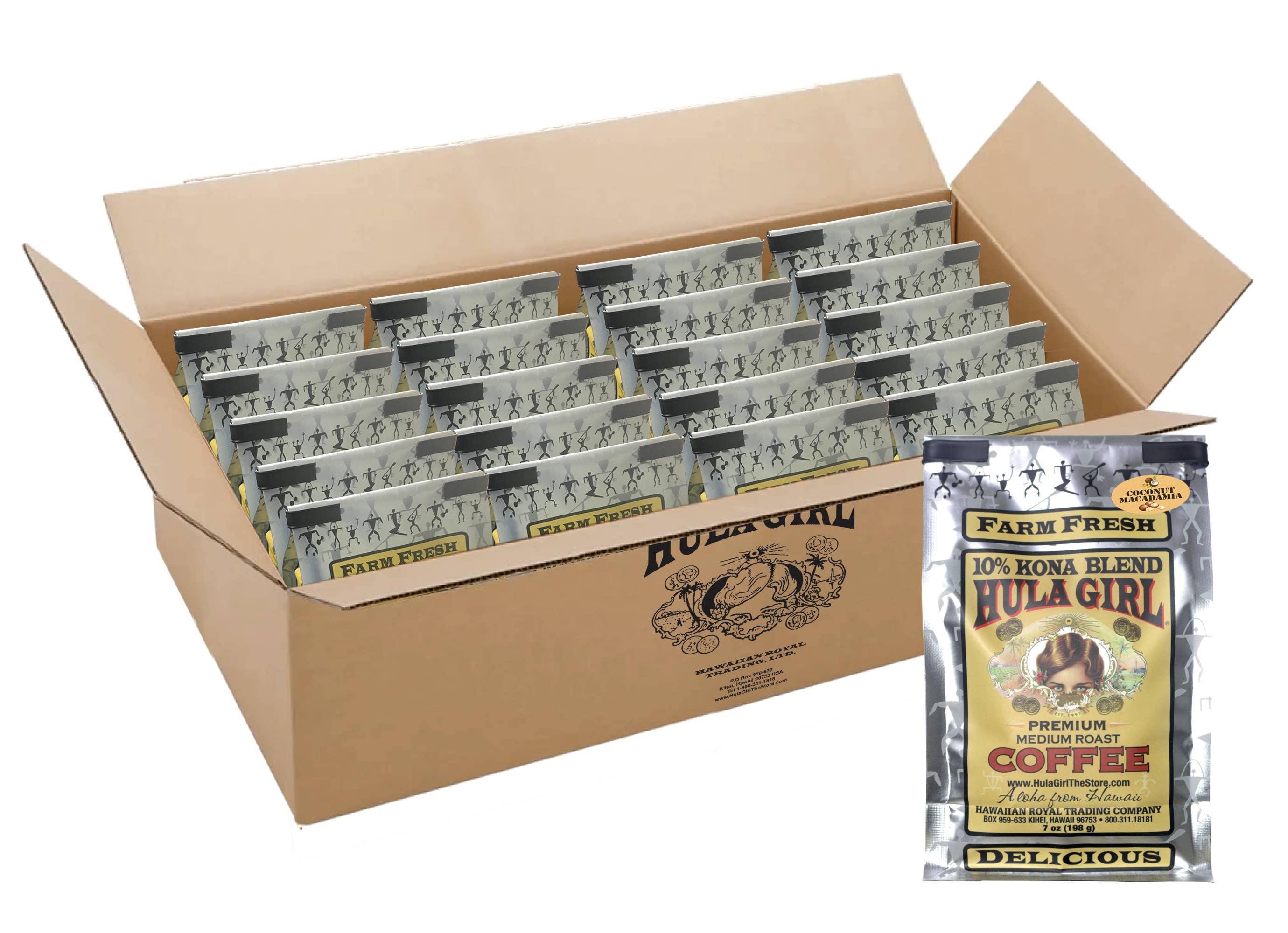 Hula Girl Products - Wholesale Coffee Beans - Hula Girl 10% Kona Coffee Blend Ground 7oz(198g) - Box of 207