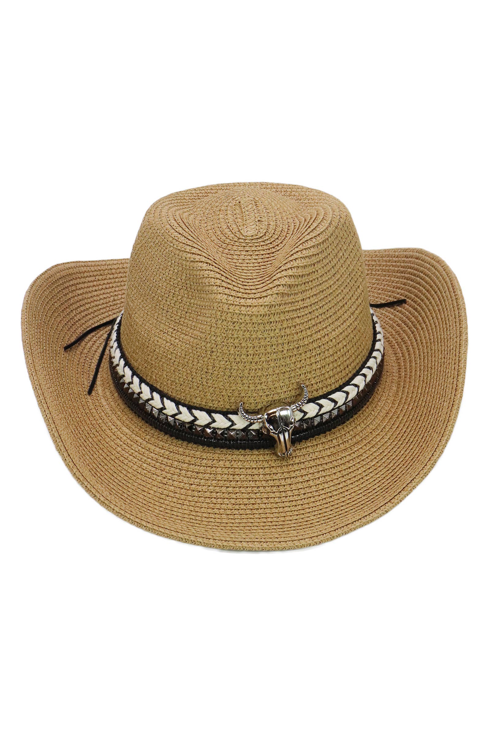 Cap Zone - Wholesale Cowboy Hat - Women's - Buffalo Skull Studs Braided Belt Straw Cowboy Hat10