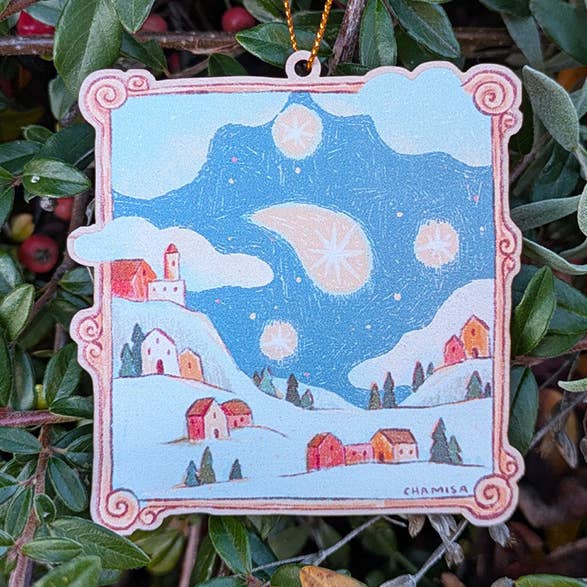 Starlit Winter Town Wooden Tree Ornament for wholesale by Studio Chamisa
