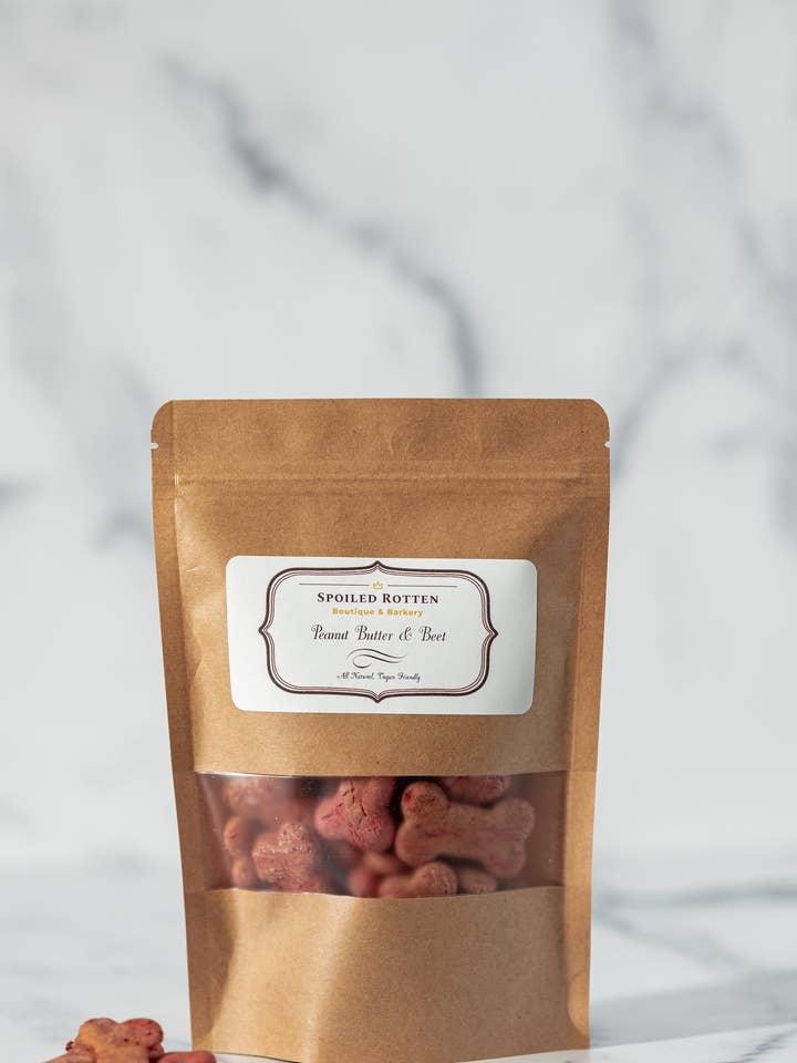 Peanut Butter & Beet Dog Treats for wholesale by Spoiled Rotten Boutique & Barkery