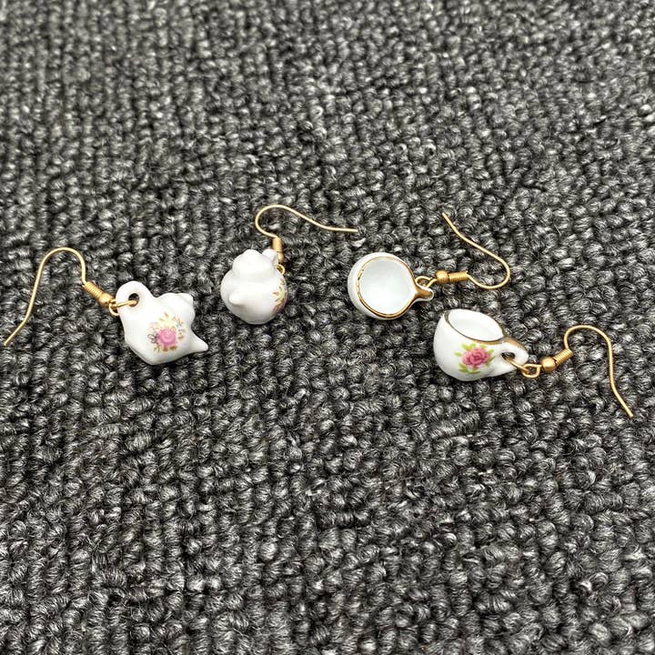 Mio Queena - Wholesale Dangle Earrings - Pink flower Ceramic Teapot & Tea Cup Charm Dangle Earrings5