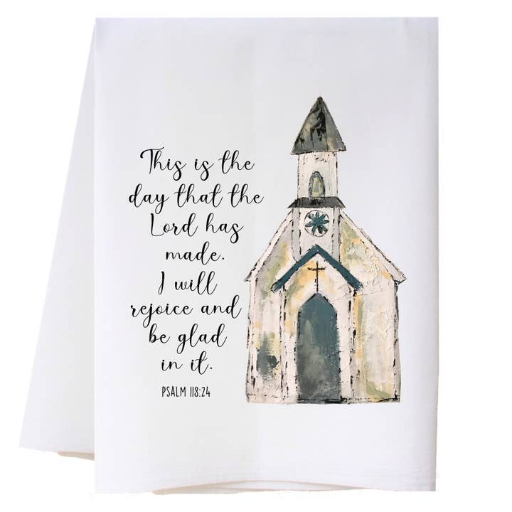 This Is The Day - White Church Kitchen Towel for wholesale by Cora & Pate