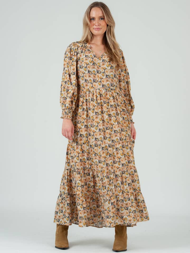 Fall rose floral print tiered long sleeve maxi dress for wholesale by Lucca Couture