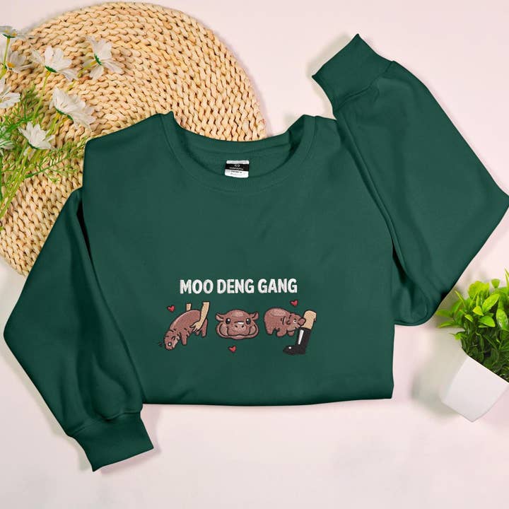 Moo Deng Gang Embroidered Hippo Crewneck Sweatshirt for wholesale by Stitchchemy