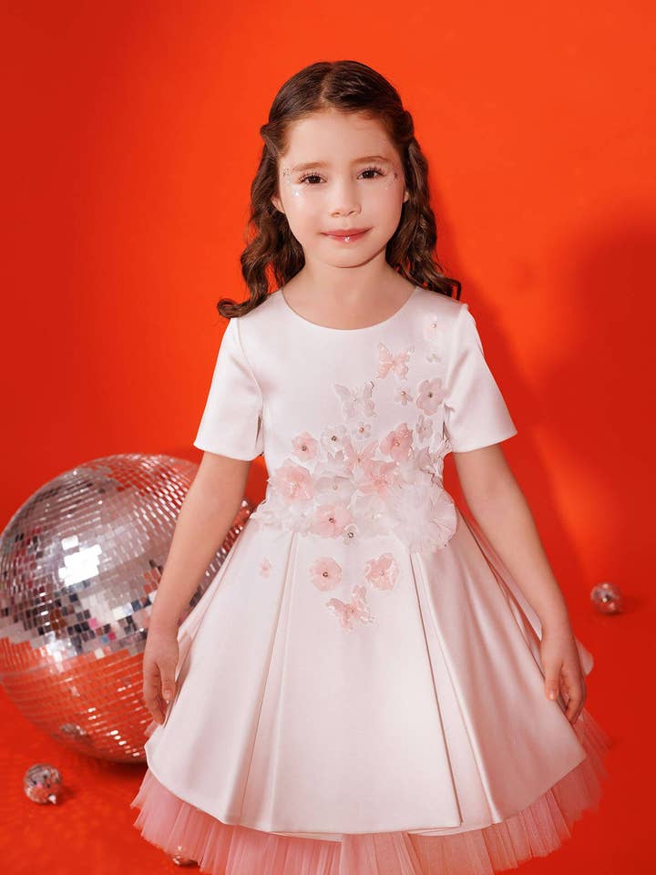 Ecru 3d Floral Dress 3-7 Age 35082pr for wholesale by Pamina Kids