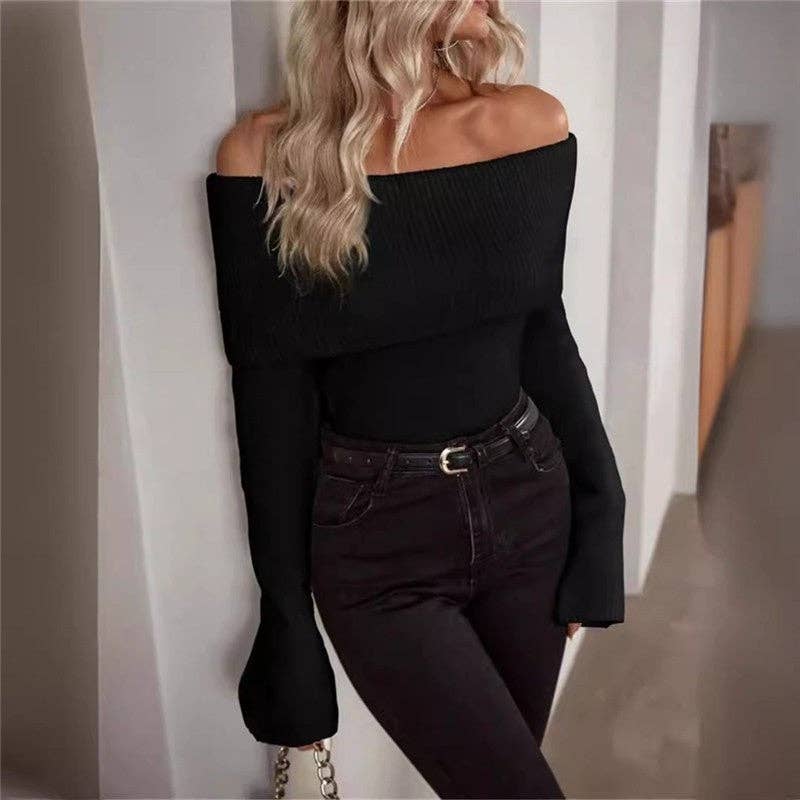 kycozy - Wholesale Knit Sweater - Women's - Offshoulder Solid Slimfit Longsleeve Sweater1