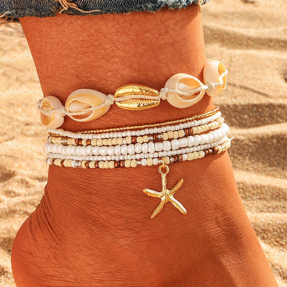 Sensibling Corp. - Wholesale Jewelry Set - 6PCS - Starfish Charm Accented Conch Shell Seed Beaded Multi Layered Anklets4