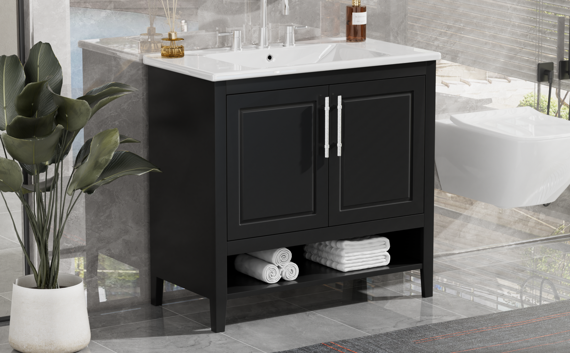 Orange County Decor - Wholesale Cabinet - 36" Bathroom Vanity With Sink, Multi Functional Bathroom Cabinet With Doors And Drawers, Mdf Frame And Mdf Board, Black Black Solid Wood Mdf19