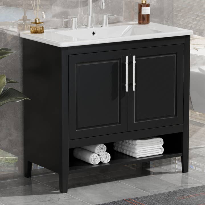 Orange County Decor - Wholesale Cabinet - 36" Bathroom Vanity With Sink, Multi Functional Bathroom Cabinet With Doors And Drawers, Mdf Frame And Mdf Board, Black Black Solid Wood Mdf19