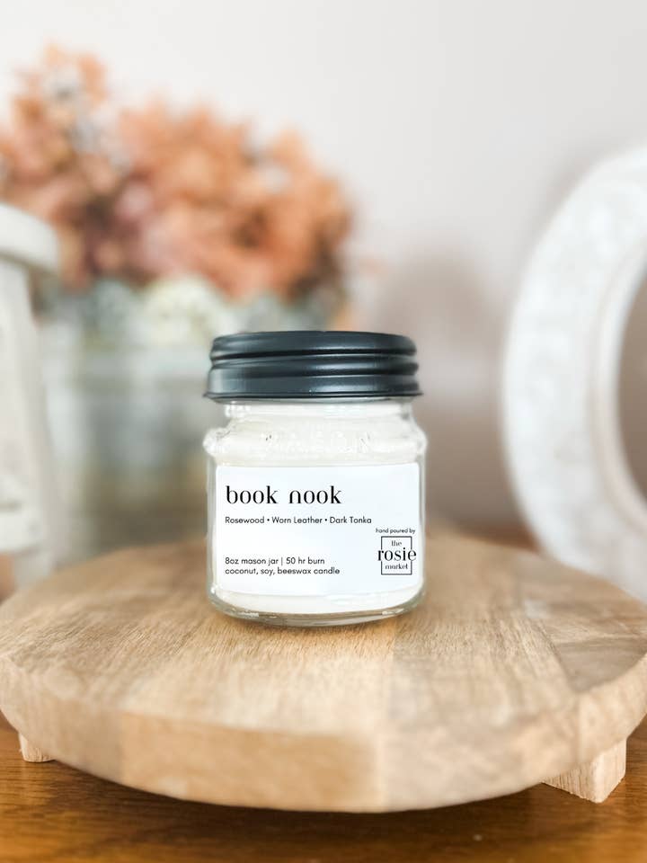 Book Nook 8oz Mason Jar Candle for wholesale by The Rosie Market
