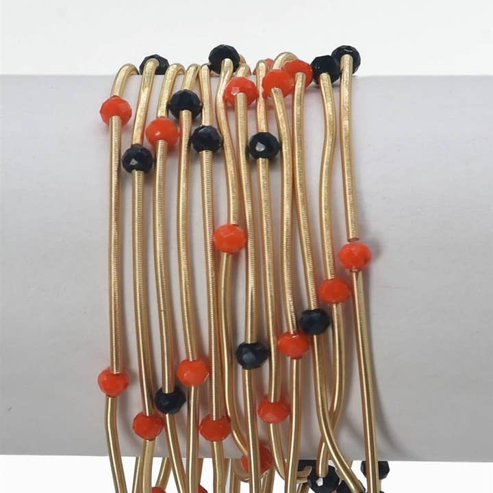 Set of 9 Gold Wired Stretch Bracelets with Navy and Orange for wholesale by What's Hot