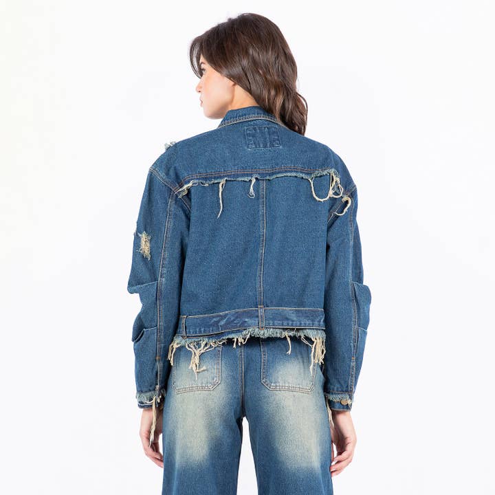 American Bazi – wholesale Jeansjackor – Dam – PLUS STORLEK SLITEN KANT LAPPTÄCKE JEANSJACKOR-RJK9468P2