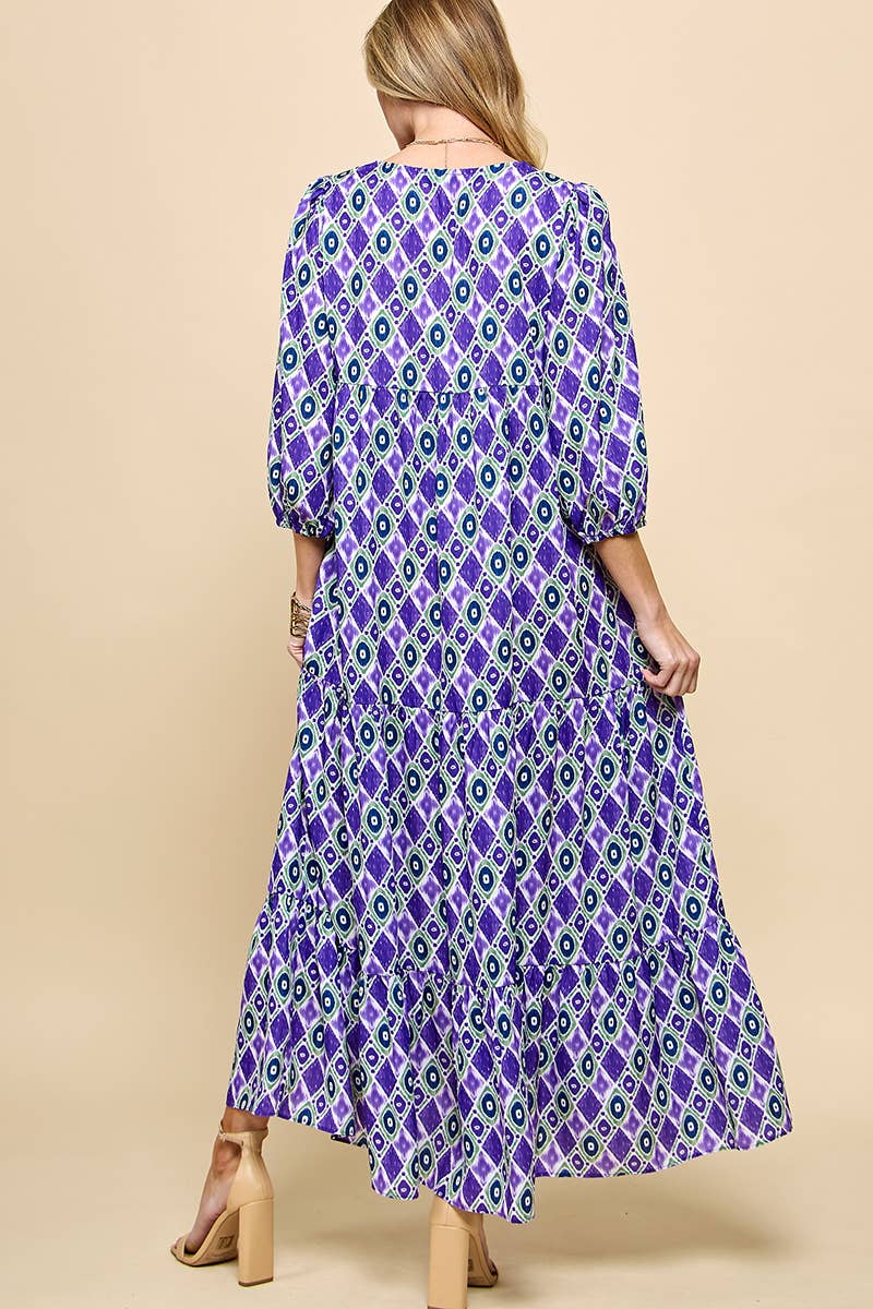Cezele - Wholesale Dress - Women's - 3/4 Lantern Sleeve Print Boho Maxi Dress9