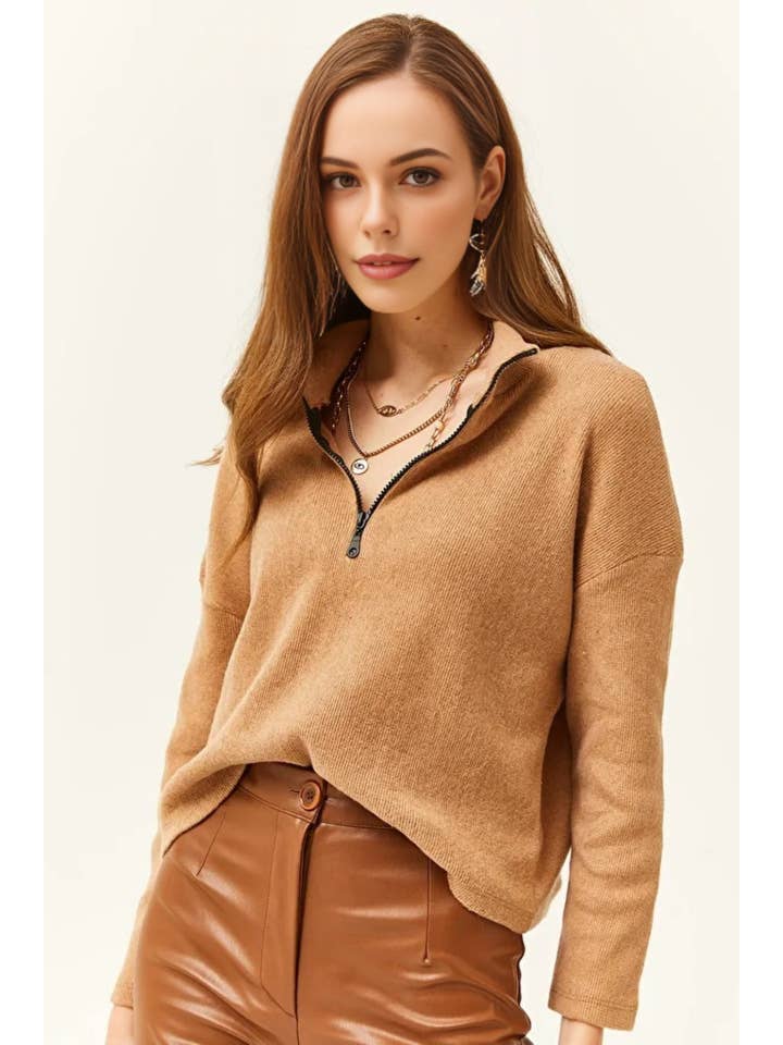 Hoxton Gal – wholesale Knitted jumper – Women′s – Zip-Up High Neck Brushed Sweater4