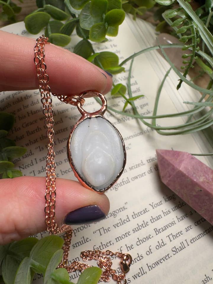Synthetic White Jade Yoni Necklace for wholesale by Copper Ashes