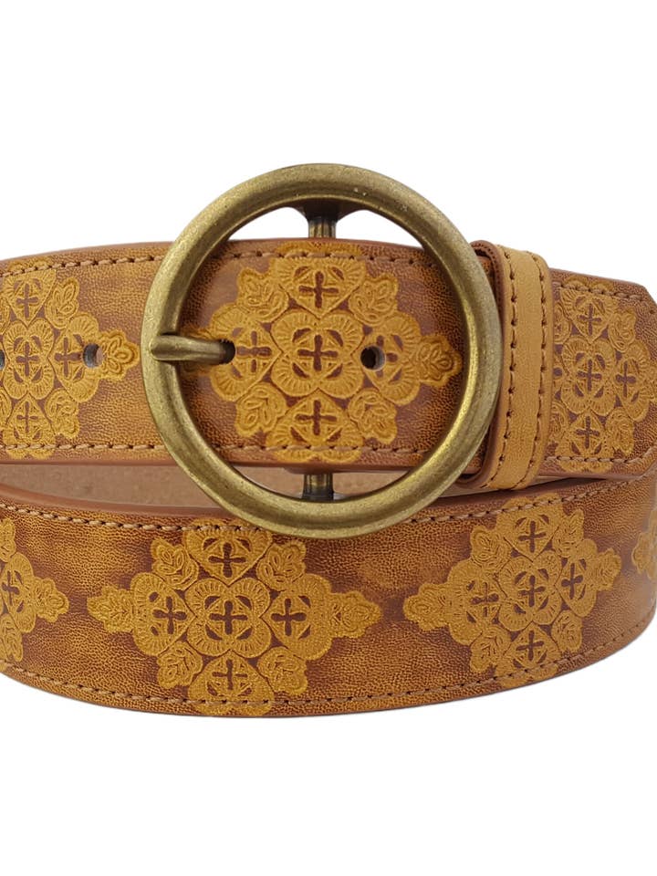 Vintage Hand Painted Tooled Belt w. round buckle for wholesale by Axesoria West