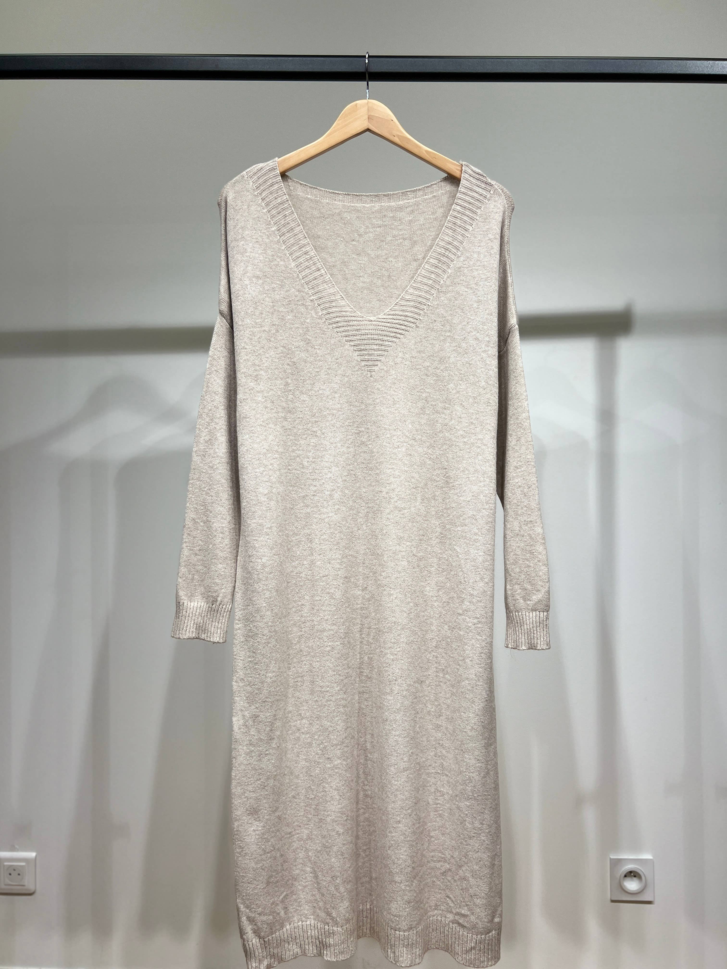 L'Emotion - Vente Robe – femme - Robe Pull Maille Fine Bord-Côtes Côtelé Col V0
