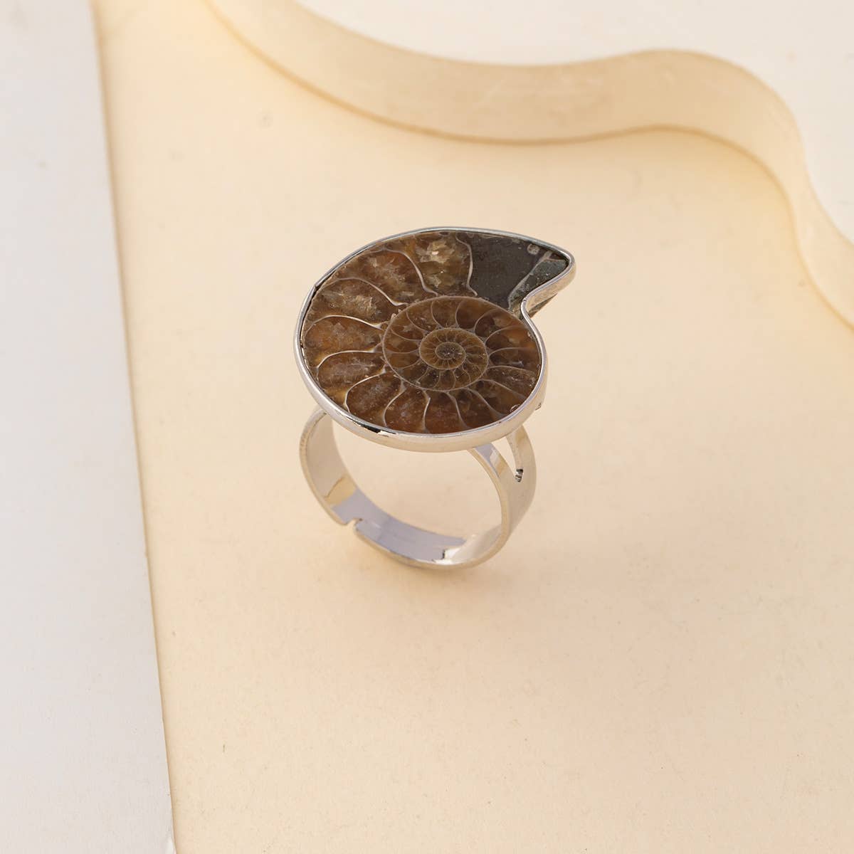 Brown Bohemian Conch Fossil Statement Open Rings  for wholesale on Faire5