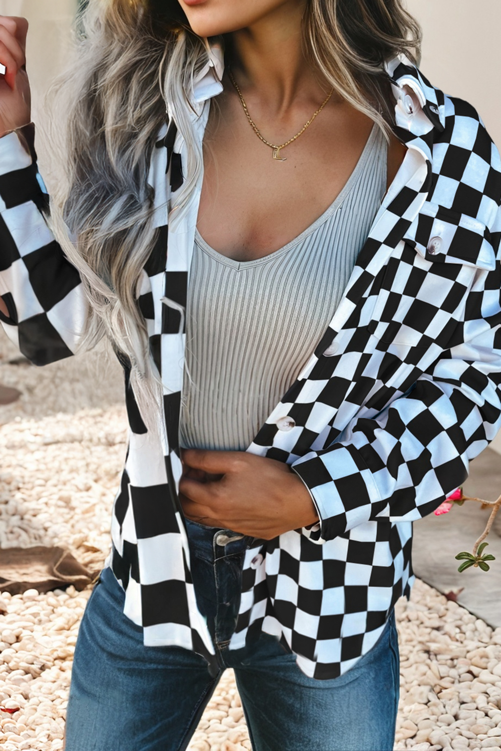 Little Daisy Closet - Wholesale Shirt Jacket/Shacket - Women's -  LDC Checkerboard Flap Pocket Button Front Shacket9