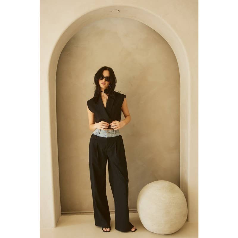 BEIGE Denim Waistband Contrast Stripe Wide Leg Trousers MB5057  for wholesale on Faire11