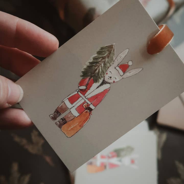 MyDesignPictures - Wholesale Christmas Card - Winter bunny with a tree Small Flat Card