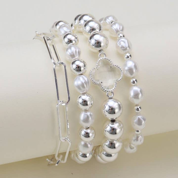 MiMi Wholesale - Wholesale Jewelry Set - CB2170 Shiny Multi Clover Beaded and Chain Bracelet Set1