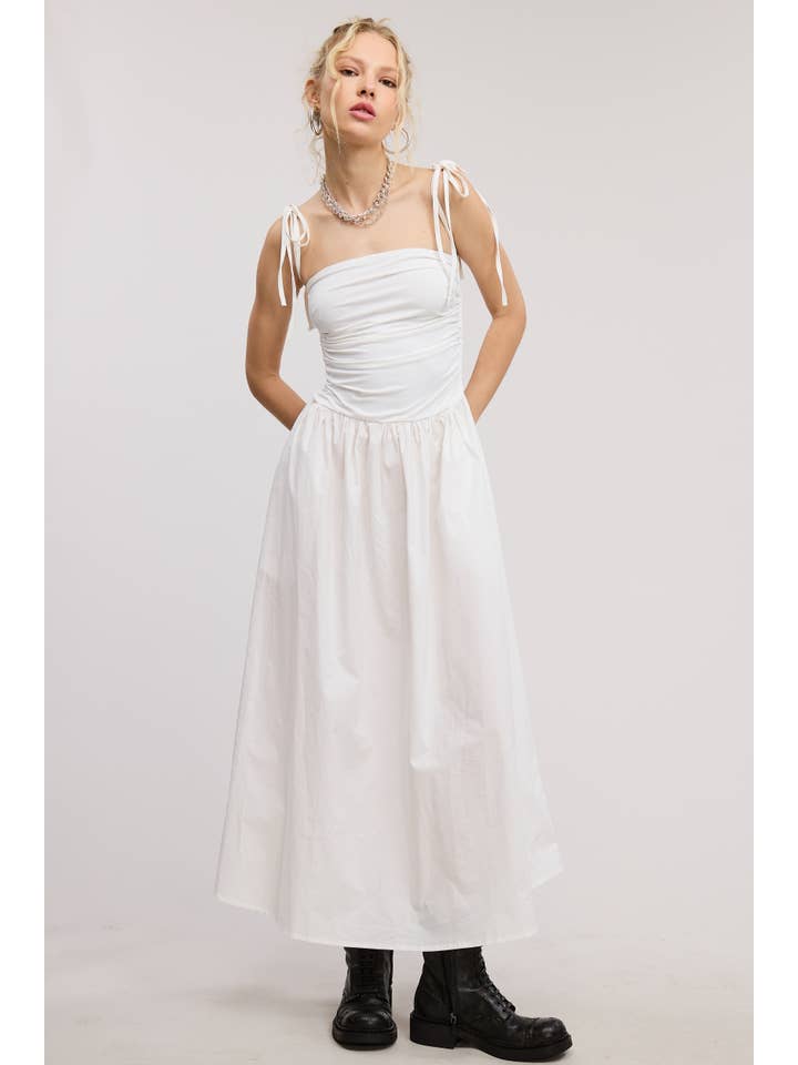 Mimosa - Wholesale Dress - Women's - Ruched Bodice Flared Midi Dress with Ribbon Straps