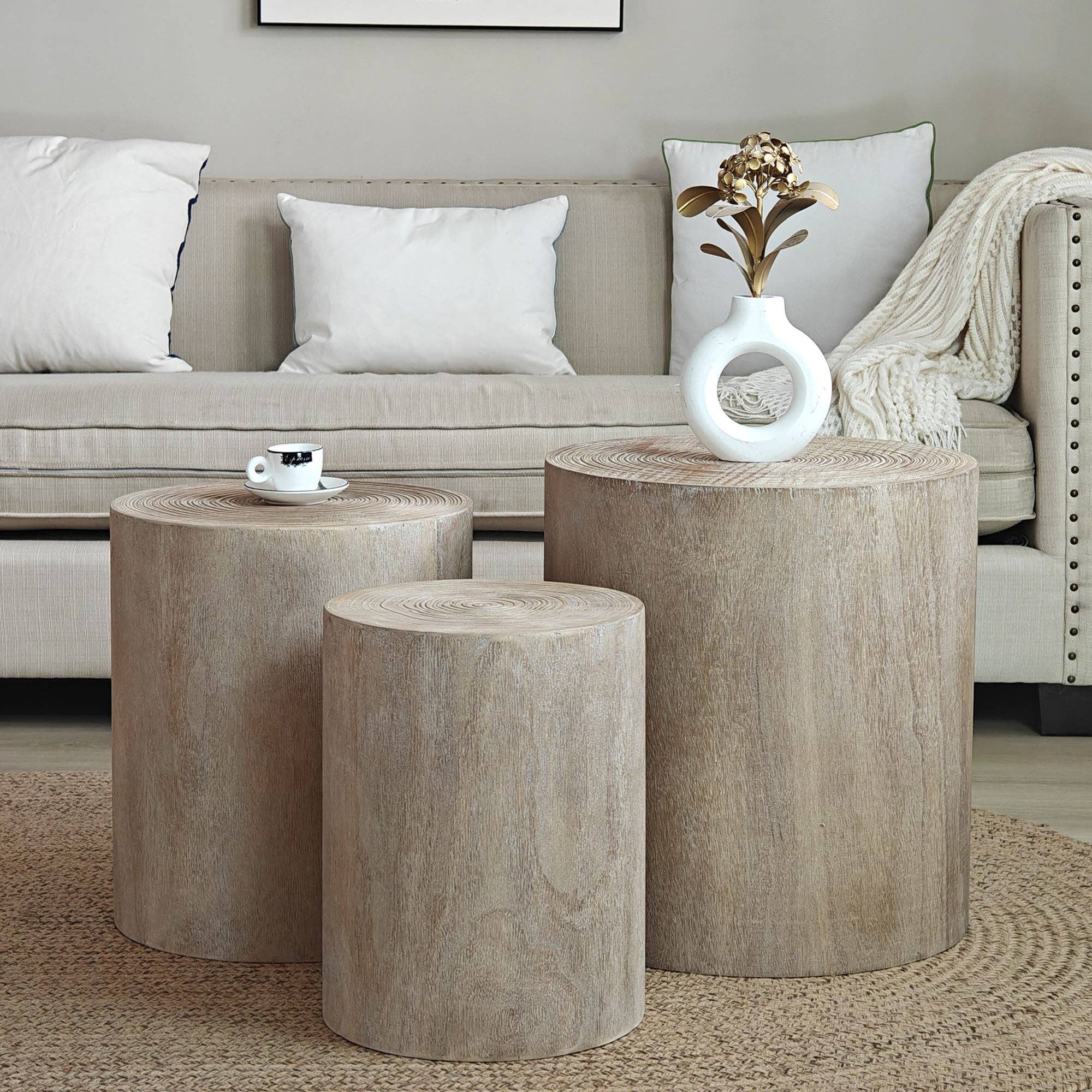 39F Inc. - Wholesale Coffee Table - Set of 3 Whitewashed Wood Coffee & End Tables, Plant Stands3