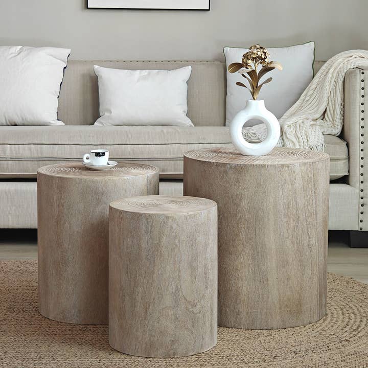 39F Inc. - Wholesale Coffee Table - Set of 3 Whitewashed Wood Coffee & End Tables, Plant Stands3