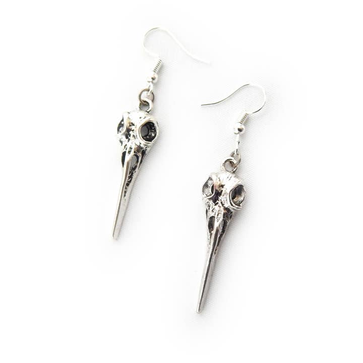 Antique Silver Bird Skull Dangle Earrings for wholesale by 8th Sin