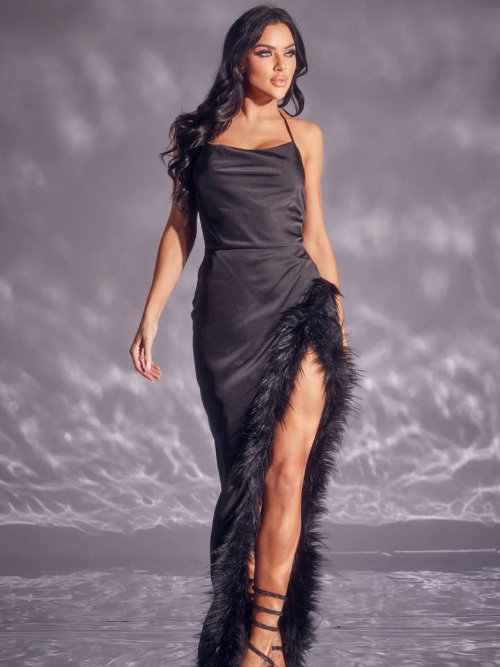 WFFS - Wholesale Dress – Women's - Satin Maxi Fur Trim Dress0