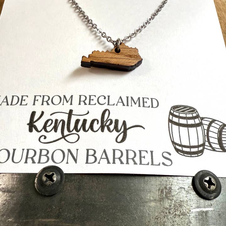 Brown Wood Kentucky Necklace made from Kentucky Bourbon Barrels. for wholesale on Faire4