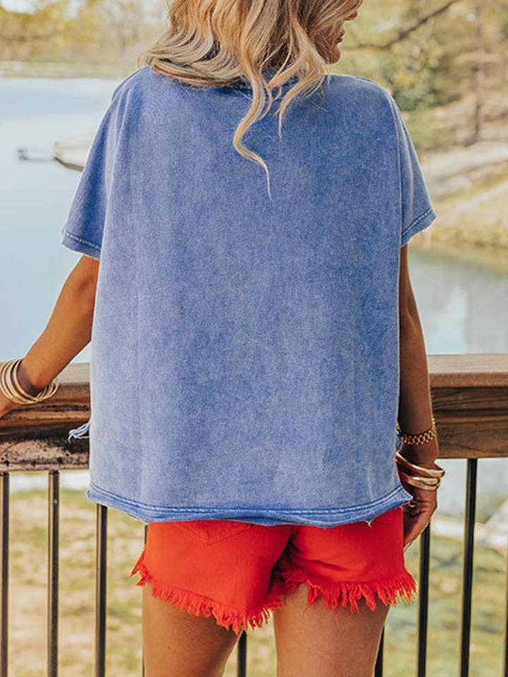 Blue USA Patch Mineral Wash Notch V Neck Vintage Graphic T Shirt for wholesale on Faire