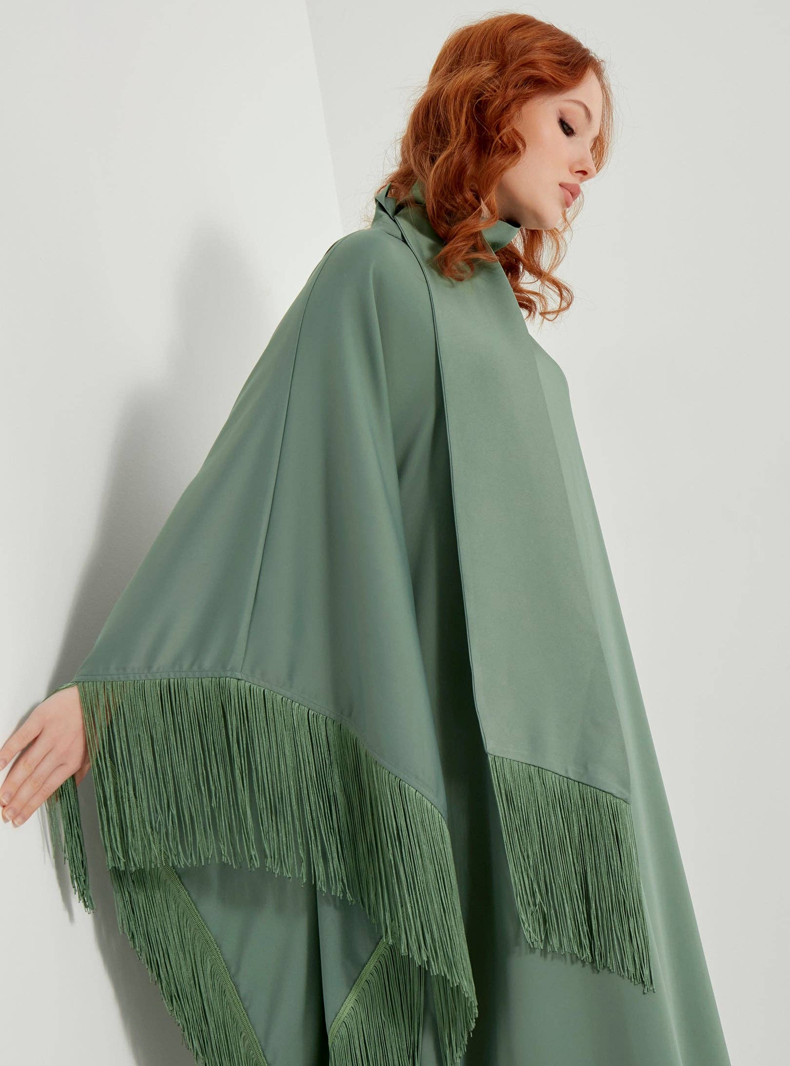 Store WF – wholesale Kaftan – Women's – Mint Fringed Kaftan Dress With Tie Neck Detailed5