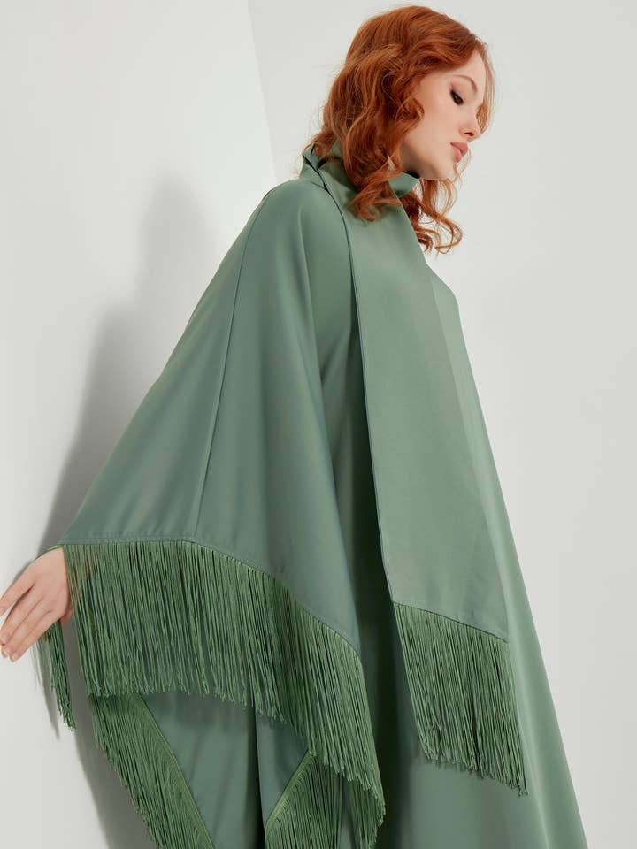 Store WF – wholesale Kaftan – Women's – Mint Fringed Kaftan Dress With Tie Neck Detailed5