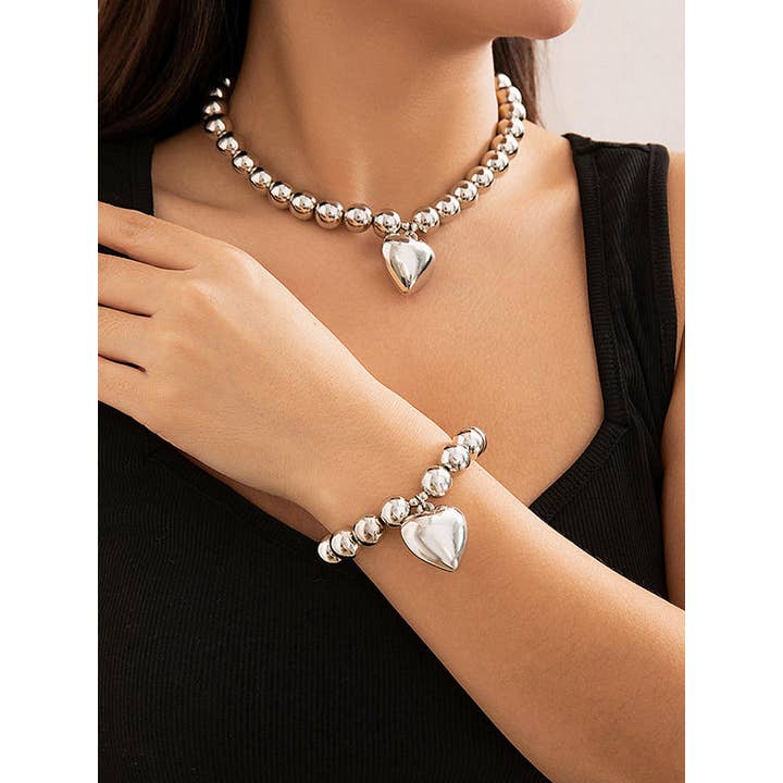 ginghamandposh - Wholesale Jewelry Set - Beaded Heart Shape Shiny Bracelet and Dainty Necklaces