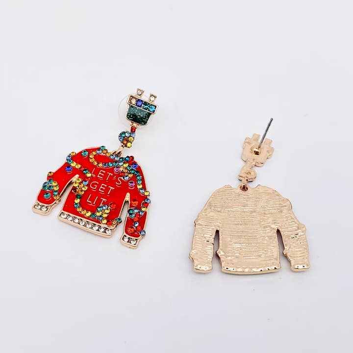 Mio Queena - Wholesale Dangle Earrings - Christmas "Let's Get It" Red Clothes Rhinestone Earrings2