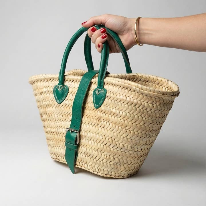 Mini French Market Basket Leather Buckle Straw Bag for wholesale by Melecraft