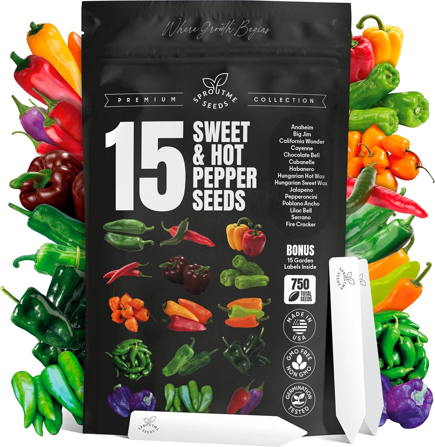 SproutMe Seeds - Wholesale Plant Seeds - 15 Sweet & Hot Pepper Seeds Vegetable Variety Pack Home Garden Kit Plant Markers 750+ Non-GMO Heirloom Indoor Hydroponic Outdoors Planting Cayenne Banana Habanero Jalapeno Cubanelle Bell Rare Peppers