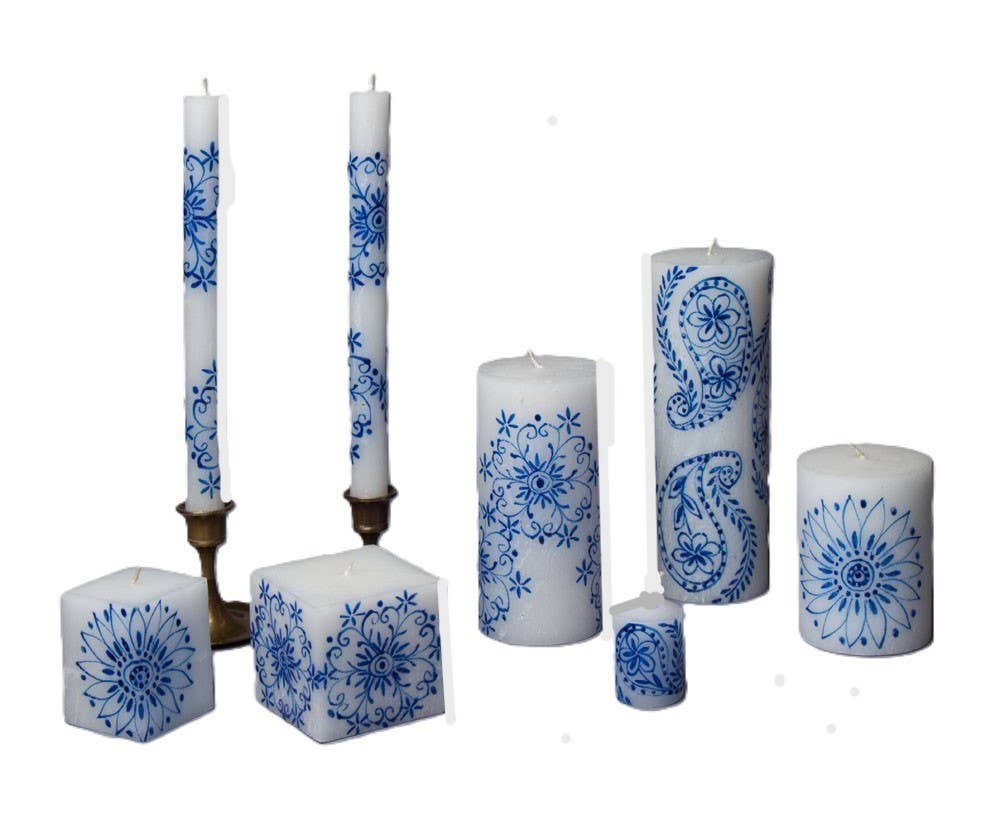 Henna Blue on White Candle for wholesale by Thumbprint Artifacts