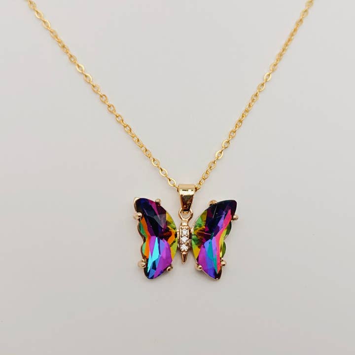 Mio Queena - Wholesale Pendant/Charm Necklace - Ladies Multicolor Glass Butterfly Pendant Necklace