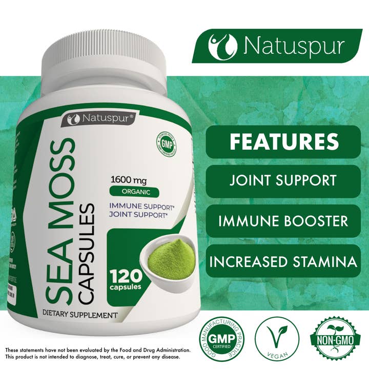 Natuspur – Großhandel Nahrungsergänzungsmittel/Vitamin zum Einnehmen – Irish Sea Moss 1600 mg Bio-Supplement mit Blasentang und Klettenwurzel mit schwarzem Pfeffer3