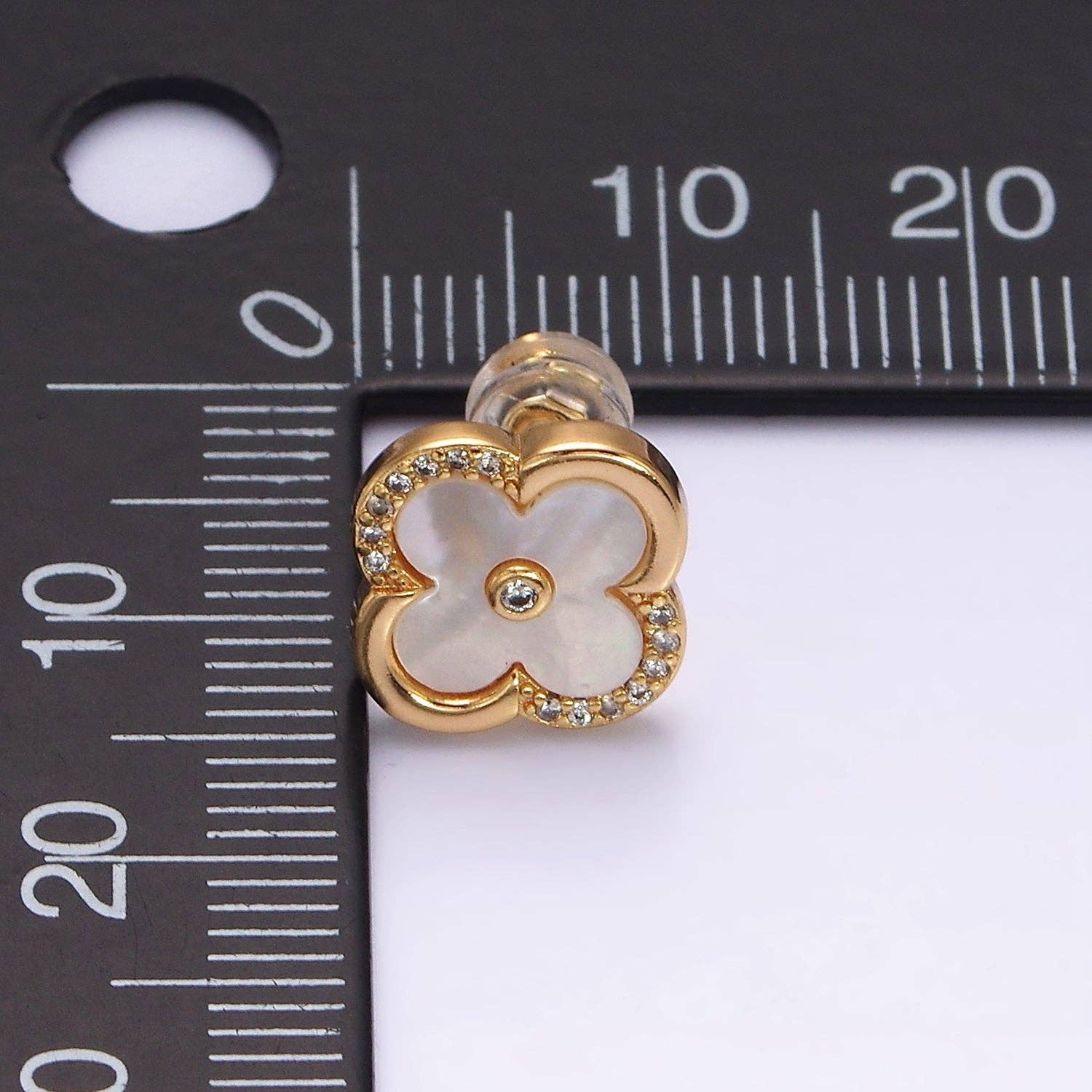 Aim Eternal - Wholesale Stud/Post Earrings - 16K Gold Filled 12mm Shell Pearl Quatrefoil Clover Micro Paved CZ Stud Earrings in Gold & Silver | AB1535 AB15363