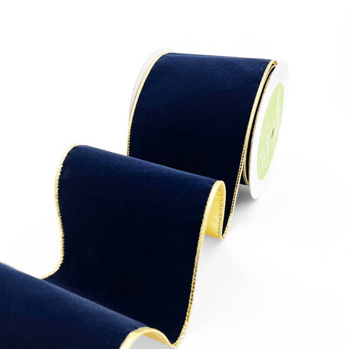 May Arts Ribbon - Wholesale Ribbon - Gift Wrapping - 4" Navy Blue Velvet Reversible Gold Wired Ribbon